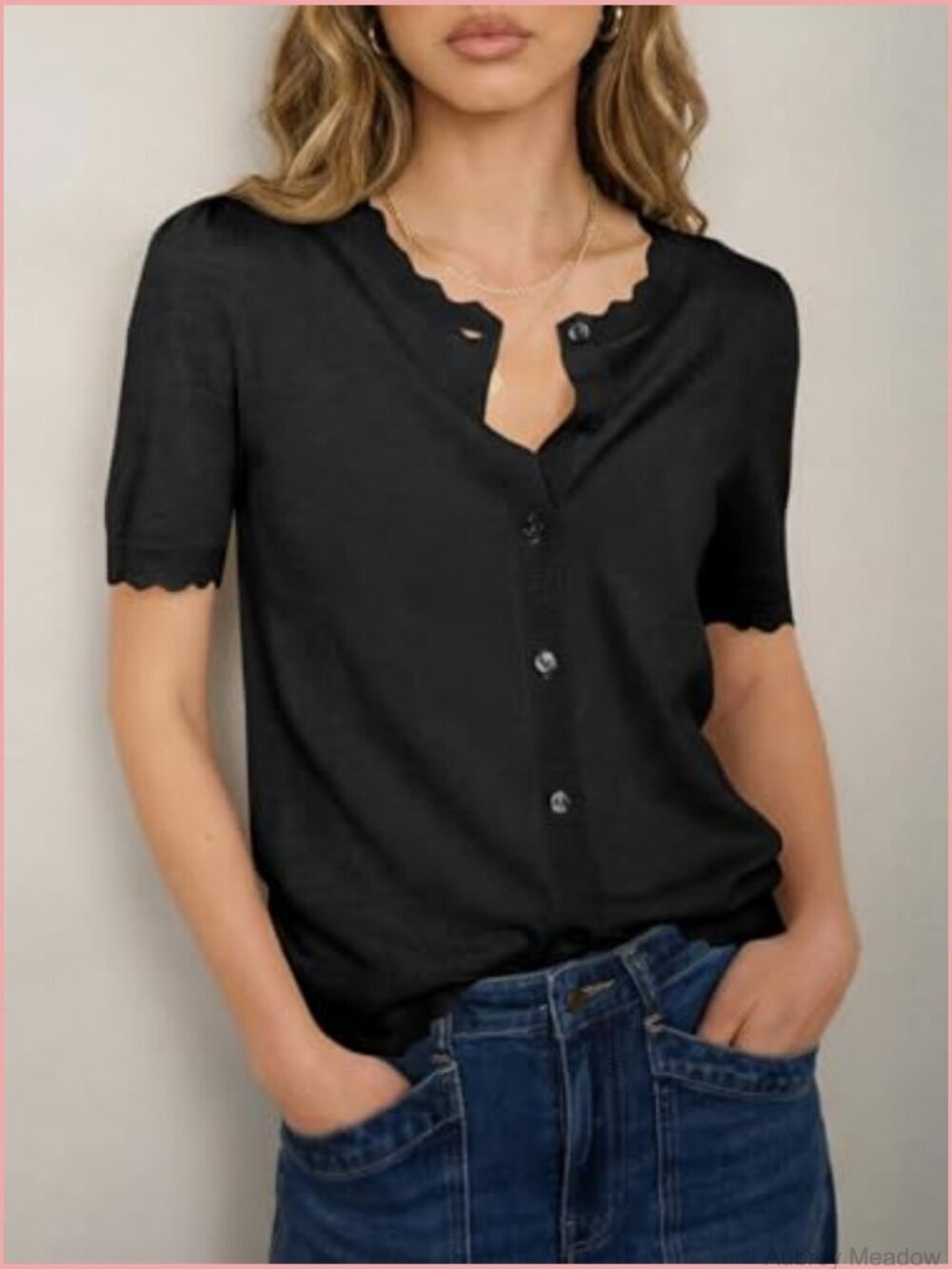 Puff Short Sleeve Cardigan Button Down Crew Neck Lightweight Knit Sweater - Picture 5 of 7